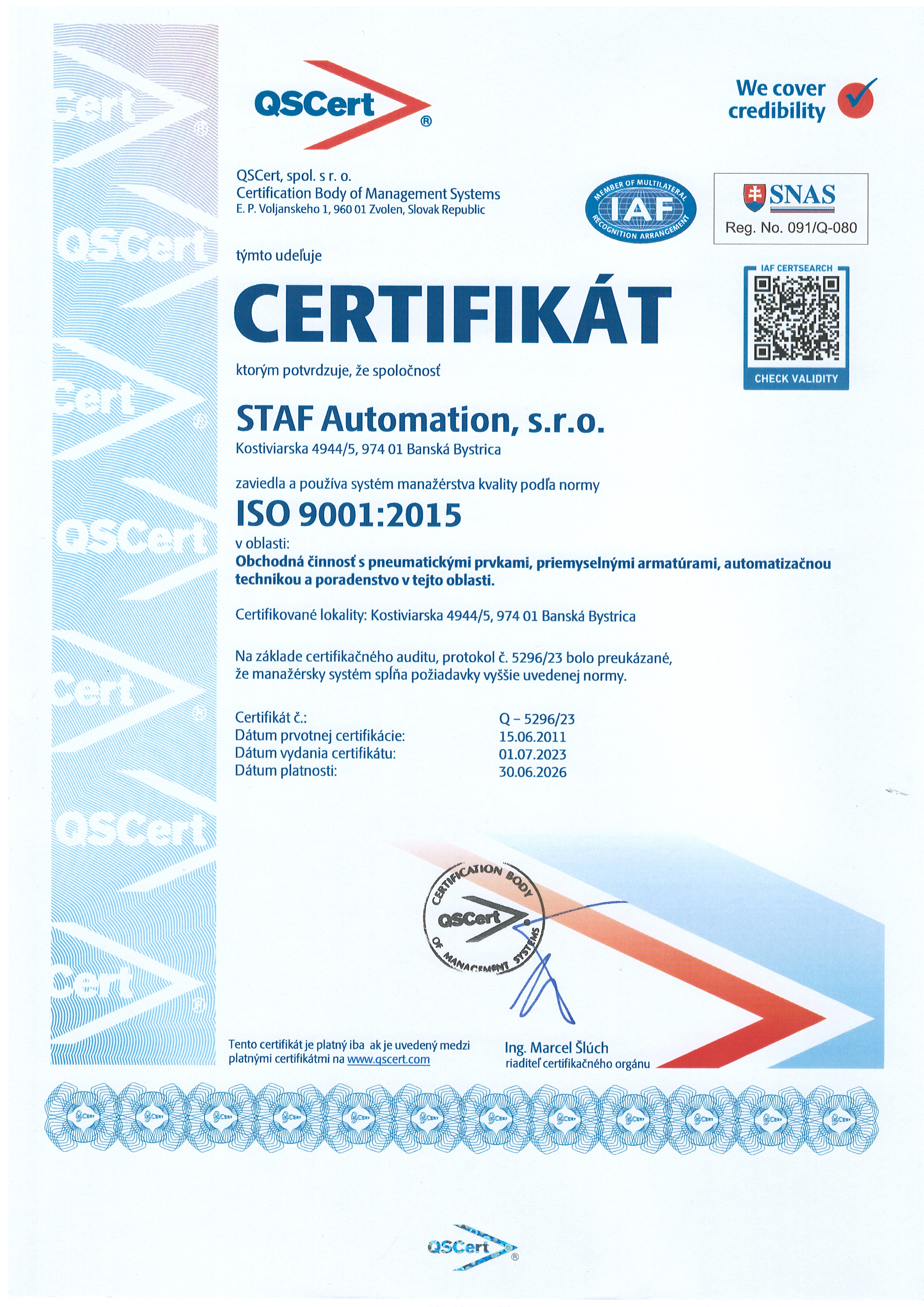 ISO certifikát systému manažmentu kvality